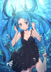 Rule 34 | 1girl, barefoot, black dress, blue eyes, blue hair, blush, breasts, bubble, caustics, cleavage, collarbone, commentary, dress, female focus, floating hair, frilled dress, frills, frown, full body, furuyama itaru, hair ribbon, hands up, hatsune miku, lace, lace-trimmed dress, lace trim, legs apart, legs up, lips, long hair, looking at viewer, matching hair/eyes, ribbon, shinkai shoujo (vocaloid), solo, spaghetti strap, thighs, twintails, underwater, very long hair, vocaloid, water