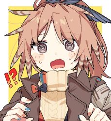 Rule 34 | !?, 1girl, @ @, arknights, blue nails, blush, border, brown eyes, brown hair, brown jacket, brown nails, brown sweater, commentary, feather hair, hands up, jacket, looking at viewer, maguro kan, nail polish, open clothes, open jacket, open mouth, pinecone (arknights), ponytail, ribbed sweater, simple background, solo, sweat, sweater, upper body, wavy mouth, yellow background