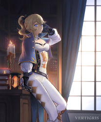 Rule 34 | 1girl, arm up, armor, artist name, bad id, bad pixiv id, black gloves, blonde hair, blue capelet, blue eyes, book, bookshelf, breasts, candelabra, candle, candlestand, capelet, cleavage, closed mouth, curtains, desk, fire, fire, genshin impact, gloves, hair between eyes, hourglass, indoors, jean (genshin impact), light particles, long hair, looking at viewer, medium breasts, on desk, sitting, on desk, solo, vambraces, vertigris, window