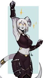 Rule 34 | 1girl, :d, abs, absurdres, armpits, player character (wow), breasts, brown gloves, brown pants, brown shirt, clenched hand, colored sclera, colored skin, distr, draenei, fingerless gloves, gloves, grey skin, highres, horns, large breasts, medium hair, midriff, navel, open mouth, original, pants, pointy ears, shirt, smile, solo, standing, tail, tail ornament, tail ring, toned, victory pose, warcraft, white eyes, white hair, world of warcraft, yellow sclera
