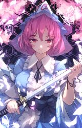 Rule 34 | 1girl, absurdres, blue hat, blue kimono, breasts, chiroru (cheese-roll), closed mouth, frilled kimono, frills, hair between eyes, hat, highres, holding, holding sword, holding weapon, japanese clothes, katana, kimono, large breasts, long sleeves, mob cap, petals, pink eyes, pink hair, saigyouji yuyuko, serious, short hair, solo, sword, touhou, triangular headpiece, weapon, wide sleeves