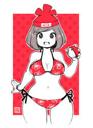 Rule 34 | 10s, 1girl, beanie, bikini, breasts, cleavage, creatures (company), curvy, floral print, game freak, hat, highres, kenron toqueen, large breasts, looking at viewer, monochrome, navel, nintendo, poke ball, pokemon, pokemon sm, selene (pokemon), solo, spot color, stomach, swimsuit, thick thighs, thighs, wide hips