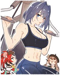 Rule 34 | 3girls, abs, absurdres, animal ears, beret, black hair, blue eyes, blue hair, blush, bow, breasts, brown hair, cleavage, collar, collarbone, exercising, exercise machine, hair intakes, hakos baelz, hand on own cheek, hand on own face, hat, highres, hololive, hololive english, large breasts, looking to the side, medium hair, mouse ears, mouse girl, mouse tail, multicolored hair, multiple girls, nanashi mumei, ouro kronii, pants, pen, red hair, rojen, round eyewear, signature, spiked collar, spikes, sports bra, streaked hair, sweat, tail, tail bow, tail ornament, virtual youtuber, yoga pants