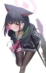 Rule 34 | 1girl, absurdres, animal ears, black choker, black hair, black jacket, black pantyhose, blue archive, blunt bangs, blush, bow, bowtie, bren lmg, brown pantyhose, choker, closed mouth, collarbone, colored inner hair, commentary, eating, food, food on face, green sailor collar, gun, hair ornament, hairclip, halo, hands in pockets, highres, hood, hooded jacket, jacket, kazusa (blue archive), light machine gun, long sleeves, looking at viewer, machine gun, multicolored hair, pantyhose, pink hair, pleated skirt, pout, red bow, red bowtie, red eyes, sailor collar, short hair, simple background, skirt, solo, standing, standing on one leg, two-tone hair, weapon, white background, white footwear, white skirt, yako mashiro