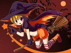 Rule 34 | 1girl, bloomers, boots, broom, broom riding, crop top, emurin, gloves, halloween, hat, navel, pointing, shorts, solo, striped clothes, striped thighhighs, thighhighs, underwear, witch hat