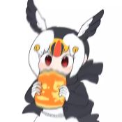 Rule 34 | 1girl, animated, atlantic puffin (kemono friends), bird wings, biting, black hair, chibi, chips (food), commentary, flapping, flying sweatdrops, food, gloves, head wings, holding, jacket, japari chips, kemono friends, long sleeves, looping animation, multicolored hair, orange hair, red eyes, red hair, short hair, simple background, solo, struggling, taro (tontaro), trembling, upper body, video, white background, white hair, wings