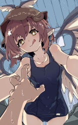 Rule 34 | 1girl, 1other, animal ears, bare arms, bare legs, bare shoulders, bird ears, bird wings, black one-piece swimsuit, blush, breasts, brown eyes, brown hat, closed mouth, earrings, hat, highres, jewelry, looking at viewer, mystia lorelei, one-piece swimsuit, pink hair, school swimsuit, short hair, single earring, small breasts, smile, solo focus, swimsuit, tongue, tongue out, touhou, ushiki yoshitaka, white wings, winged hat, wings