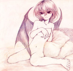 Rule 34 | 1girl, barefoot, bat wings, bed, covering privates, covering breasts, drymon, feet, female focus, monochrome, nude, remilia scarlet, solo, touhou, traditional media, wings