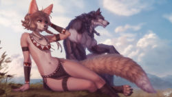 Rule 34 | 1boy, 1girl, animal ears, animal feet, ankle wrap, artist name, blurry, blurry background, braid, brown eyes, brown hair, day, digitigrade, earrings, einar (personal ami), flat chest, fox ears, fox tail, furry, furry female, furry male, highres, jewelry, khiara (personal ami), lips, long tail, navel, necklace, original, outdoors, personal ami, short hair, side braids, sitting, tail, thigh strap, tooth necklace, tribal, vambraces