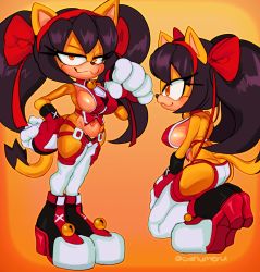 Rule 34 | 1girl, absurdres, animal ears, bell, black hair, breasts, cashumeru, cat ears, cat tail, cosplay, furry, furry female, gloves, hair ribbon, headband, highres, honey the cat, mai natsume (cosplay), ribbon, sega, shoes, sideboob, sonic (series), sonic (series), tail, twintails, yellow eyes, yellow fur
