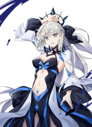 Rule 34 | 1girl, absurdres, black bow, black dress, blue bow, blue eyes, bow, braid, center opening, clothing cutout, crown, dress, fate/grand order, fate (series), grey hair, hair bow, highres, long hair, morgan le fay (fate), mxz cube, open mouth, ponytail, simple background, solo, spikes, stomach cutout, white background, white sleeves