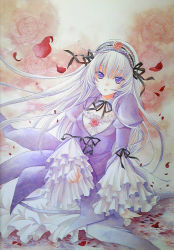 Rule 34 | 00s, 1girl, bad id, bad pixiv id, dress, female focus, flower, hairband, long hair, petals, purple eyes, ribbon, rose, rozen maiden, silver hair, solo, suigintou, traditional media, trimcolor