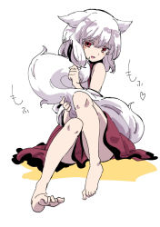 Rule 34 | 1girl, akizuki maku, animal ears, bare legs, barefoot, commentary request, full body, heart, inubashiri momiji, looking at viewer, red eyes, red skirt, sitting, skirt, sleeveless, smile, solo, tail, touhou, white background, white hair, wolf ears, wolf tail