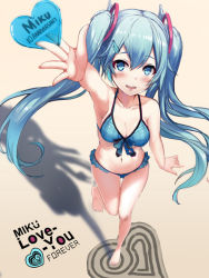 Rule 34 | 1girl, :d, arm up, bad id, bad pixiv id, bare legs, barefoot, beach, bikini, blue bikini, blue eyes, blue hair, blush, breasts, character name, collarbone, hair between eyes, hair ornament, hairclip, hatsune miku, heart, long hair, looking at viewer, medium breasts, navel, open mouth, outstretched arm, rods, sand, sidelocks, smile, solo, swimsuit, teeth, thighs, twintails, vocaloid