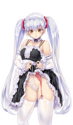 Rule 34 | 1girl, absurdres, bare shoulders, blush, breasts, brown eyes, clothes lift, detached sleeves, garter belt, garter straps, highres, hoshino ruri, kidou senkan nadesico, kiyama satoshi, lifted by self, long hair, looking at viewer, maid headdress, panties, parted lips, silver hair, simple background, skirt, skirt lift, solo, thighhighs, twintails, underwear, very long hair, white background, white panties, white thighhighs
