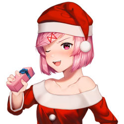 Rule 34 | 1girl, ;d, artist name, bare shoulders, blush, box, christmas, collarbone, commentary, doki doki literature club, english commentary, gift, gift box, hair ornament, hairclip, hat, highres, incoming gift, looking at viewer, natsuki (doki doki literature club), off shoulder, one eye closed, open mouth, pink eyes, pink hair, pom pom (clothes), santa costume, santa hat, sasoura, short hair, simple background, smile, solo, upper body, v-shaped eyebrows, white background, x hair ornament