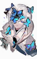 Rule 34 | 1boy, blue eyes, bug, butterfly, closed mouth, elsword, facing viewer, hair over one eye, highres, insect, kurayuki0404, long sleeves, looking to the side, male focus, noah ebalon, nyx pieta (elsword), one eye covered, short hair, smile, solo, white background, white hair