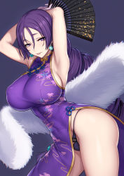 Rule 34 | 1girl, alternate hairstyle, armpits, arms up, black panties, breasts, bright pupils, china dress, chinese clothes, contrapposto, covered erect nipples, covered navel, cowboy shot, dress, earrings, evan yang, fate/grand order, fate (series), folding fan, gold trim, hand fan, highleg, highleg dress, highres, huge breasts, jewelry, lace, lace-trimmed panties, lace trim, long hair, looking at viewer, minamoto no raikou (fate), minamoto no raikou (traveling outfit) (fate), panties, parted bangs, parted lips, perky breasts, purple dress, purple eyes, purple hair, side slit, simple background, smile, solo, string panties, thighs, underwear, very long hair, white pupils, wide hips