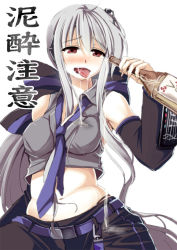 Rule 34 | 1girl, alcohol, blouse, blush, bow, detached sleeves, drunk, grey shirt, hachimoku, hair bow, headset, long hair, midriff, navel, necktie, red eyes, saliva, sexually suggestive, shirt, silver hair, simple background, solo, spill, tongue, tongue out, translation request, very long hair, vocaloid, yowane haku