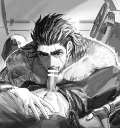 Rule 34 | 2boys, bar censor, bara, beard, censored, chest tattoo, clothes lift, completely nude, cor leonis, couple, cum, cum in mouth, erection, facial hair, fellatio, final fantasy, final fantasy xv, gladiolus amicitia, greyscale, hair slicked back, in higashiyama, large pectorals, lifting another&#039;s clothes, long sideburns, looking at viewer, male focus, male pubic hair, mature male, medium hair, monochrome, multiple boys, muscular, muscular male, no male underwear, nude, oral, pants, pectoral press, pectorals, pov, pov crotch, pubic hair, scar, scar across eye, scar on face, shirt lift, short hair, sideburns, smile, solo focus, stubble, tattoo, thick eyebrows, undercut, undressing another, yaoi