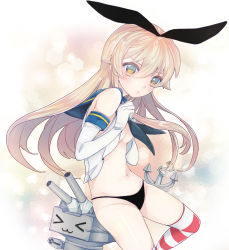Rule 34 | 10s, 1girl, anchor, bad id, bad pixiv id, blonde hair, gloves, gradient eyes, hairband, kantai collection, long hair, multicolored eyes, open clothes, panties, patterned legwear, red stripes, rensouhou-chan, sailor collar, shimakaze (kancolle), solo, striped clothes, striped thighhighs, thighhighs, tsukimi ruku, two-tone stripes, underwear, white stripes, yellow eyes