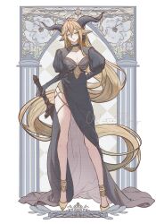 Rule 34 | 1girl, animal ears, anklet, arknights, artist name, bare legs, black dress, black gloves, blonde hair, breasts, cleavage cutout, closed mouth, clothing cutout, contrapposto, degenbrecher (arknights), dress, earrings, full body, gloves, goat ears, goat girl, goat horns, hair between eyes, highres, holding, holding sword, holding weapon, horns, jewelry, juliet sleeves, large breasts, long hair, long sleeves, looking at viewer, pelvic curtain, pillar, puffy sleeves, signature, solo, standing, sword, very long hair, weapon, ya (witchroy), yellow eyes