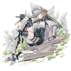 Rule 34 | 1girl, arknights, arm support, armored boots, black cape, black shorts, black thighhighs, blush, boots, breasts, bright pupils, cape, closed mouth, covered navel, echj, fartooth (arknights), feather hair, full body, gauntlets, grey footwear, helmet, high-waist shorts, highres, holding, holding sword, holding weapon, knee boots, leaning back, long hair, long sleeves, looking at viewer, medium breasts, pouch, puffy long sleeves, puffy sleeves, rock, shirt, shorts, silver hair, simple background, sitting, solo, sword, thigh pouch, thigh strap, thighhighs, thighhighs under boots, v-shaped eyebrows, weapon, white background, white shirt, yellow eyes