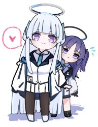 Rule 34 | 2girls, black gloves, black suit, blue archive, blue necktie, blush, chibi, closed mouth, collared shirt, commentary request, flustered, formal, full body, gloves, grey hair, halo, headphones, heart, highres, id card, jacket, long hair, long sleeves, looking at viewer, mechanical halo, miniskirt, mukooooou, multiple girls, necktie, noa (blue archive), off shoulder, open clothes, open jacket, pantyhose, parted bangs, pleated skirt, purple eyes, purple hair, shadow, shirt, sidelocks, simple background, skirt, smile, spoken heart, standing, suit, sweatdrop, two-sided fabric, two-sided jacket, very long hair, white background, white jacket, white shirt, white skirt, yuuka (blue archive)