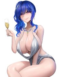 Rule 34 | 1girl, absurdres, azur lane, backless dress, backless outfit, blanco2k1, blue hair, breasts, champagne flute, cup, dress, drinking glass, evening gown, halter dress, halterneck, highres, huge breasts, jewelry, looking at viewer, necklace, official alternate costume, pink eyes, plunging neckline, revealing clothes, shiny skin, silver dress, simple background, sleeveless, sleeveless dress, solo, st. louis (azur lane), st. louis (luxurious wheels) (azur lane), white background