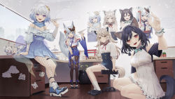 Rule 34 | 4girls, :d, ahoge, animal ear fluff, animal ears, black hair, blue bow, blue bowtie, blue eyes, blue footwear, blue hair, blue scarf, blue skirt, boots, bow, bowtie, breasts, brown legwear, cactus, character doll, cleavage, closed mouth, cloud horizon, cup, desk, fishnet legwear, fishnets, fox ears, fox girl, fox tail, frilled skirt, frilled sleeves, frills, high-waist skirt, high heel boots, high heels, highres, holding, holding cup, holding paper airplane, kamiina haruhi, large breasts, layered sleeves, leaning forward, light brown hair, lily linglan, long hair, long sleeves, margaret (vtuber), multicolored hair, multiple girls, neck ribbon, off-shoulder shirt, off shoulder, open mouth, paper airplane, plant, pleated skirt, poster (object), potted plant, puffy short sleeves, puffy sleeves, purple eyes, red eyes, red ribbon, ribbon, scarf, second-party source, shirt, short hair, short sleeves, single leg pantyhose, sitting, skirt, smile, squatting, standing, tail, toeless footwear, two-tone hair, ubye, virtual youtuber, wenz, white hair, white shirt, white skirt, wrist cuffs, yellow eyes