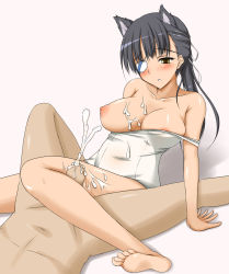 Rule 34 | 1girl, bare shoulders, barefoot, black hair, blush, breasts, brown eyes, cum, cum on body, cum on breasts, cum on upper body, ejaculation, eyepatch, feet, highres, kneepit sex, large breasts, long hair, looking down, lying, nipples, nude, penis, sakamoto mio, simple background, sitting, strike witches, swimsuit, thighs, toes, uncensored, white background, world witches series