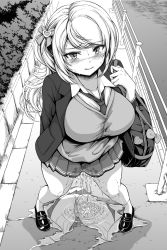 Rule 34 | 1girl, bag, blush, bow, breasts, embarrassed, female focus, fence, hair bow, hair ornament, highres, large breasts, long hair, looking at viewer, monochrome, necktie, open mouth, original, outdoors, panties, pee, pee stain, peeing, peeing self, puddle, reflection, school bag, school uniform, shiina nami, skirt, solo, standing, sweat, tearing up, tears, thighs, underwear, water drop, wet, wet clothes, wet skirt