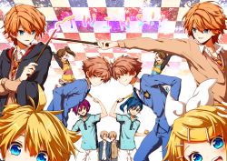 Rule 34 | !, 3girls, 6+boys, :d, ahoge, aiming, arms up, asaba yuuki, asaba yuuta, ball, blazer, blonde hair, blue eyes, blue hair, blue necktie, blush, brother and sister, brothers, brown eyes, brown hair, checkered background, closed eyes, crossed arms, crossover, dress shirt, english text, fred weasley, frilled skirt, frills, futami ami, futami mami, george weasley, green eyes, hair ornament, hair ribbon, hairclip, hand up, harry potter (series), head out of frame, headphones, heads together, highres, hitachiin hikaru, hitachiin kaoru, hogwarts school uniform, holding, holding weapon, hood, hood down, hoodie, idolmaster, idolmaster (classic), jacket, jumping, kagamine len, kagamine rin, kapirusu, kimi to boku, leaning forward, leaning on person, leaning to the side, long hair, long sleeves, looking at another, looking at viewer, looking to the side, multiple boys, multiple crossover, multiple girls, necktie, open mouth, ouran high school host club, pants, parted lips, purple hair, racket, red hair, ribbon, school uniform, shirt, shoes, short hair, short sleeves, shorts, siblings, side ponytail, sisters, skirt, smile, sportswear, striped necktie, striped neckwear, sweater, symmetrical pose, symmetry, tanaka kouhei, tanaka youhei, tennis ball, tennis no ouji-sama, tennis racket, text focus, trait connection, twins, v, vest, vocaloid, voice actor connection, wand, weapon, white shirt, wizarding world, yellow eyes, zipper