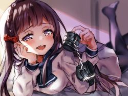 Rule 34 | 1girl, black pantyhose, blush, bow, braid, brown hair, commentary request, crown braid, cuffs, feet up, hair bow, handcuffs, head rest, holding, long hair, long sleeves, looking at viewer, lying, natsuki iori, naughty face, on stomach, open mouth, original, pantyhose, purple eyes, red bow, school uniform, serafuku, solo