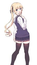 Rule 34 | 1girl, :d, black thighhighs, blonde hair, blue eyes, blush, fang, from behind, hair ribbon, hand on own chest, kneepits, long hair, long sleeves, looking at viewer, open mouth, pleated skirt, remora180, ribbon, saenai heroine no sodatekata, sailor collar, sailor shirt, sawamura spencer eriri, school uniform, shirt, simple background, skirt, smile, solo, standing, sweater vest, thighhighs, twintails, zettai ryouiki