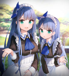 Rule 34 | 2girls, :d, :o, aged down, apron, aqua eyes, battle girl high school, black dress, blue hair, blue neckwear, blue ribbon, blurry, blurry background, blush, breasts, collared dress, commentary request, day, depth of field, dress, frilled apron, frills, highres, juliet sleeves, kiyosato 0928, light particles, long hair, long sleeves, looking at viewer, maid, maid apron, maid headdress, medium breasts, multiple girls, open mouth, outdoors, parted lips, puffy sleeves, ribbon, sidelocks, smile, very long hair, white apron