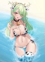 Rule 34 | 1girl, absurdres, animal ears, animal print, antlers, bare arms, bare shoulders, beach, bell, bikini, black choker, braid, breasts, ceres fauna, choker, cleavage, collarbone, cow ears, cow horns, cow print, cow print bikini, cowbell, fake animal ears, fake horns, green hair, halterneck, hand on own chest, hand up, highres, hololive, hololive english, horns, large breasts, mole, mole under eye, navel, open mouth, parfait desu, print bikini, side-tie bikini bottom, solo, stomach, string bikini, swimsuit, thighhighs, virtual youtuber, water, wet, white bikini, white thighhighs, yellow eyes