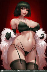 Rule 34 | 1girl, breasts, elbow gloves, flashing, fubuki (one-punch man), fur trim, garter belt, garter straps, gloves, green eyes, green hair, gumroad username, highres, jewelry, large breasts, lingerie, lips, lipstick, looking at viewer, luminyu, makeup, multiple moles, nail polish, navel, necklace, one-punch man, patreon username, pearl necklace, ribbon trim, shiny skin, short hair, skindentation, solo, thighhighs, thighs, twitter username, underwear, wide hips