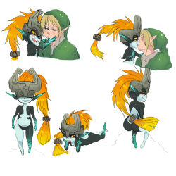 Rule 34 | 1boy, 1girl, ass, blonde hair, blue eyes, blush, collage, colored sclera, covered eyes, closed eyes, fang, hat, helmet, helmet over eyes, hetero, highres, kiss, link, long hair, lying, maniacpaint, midna, neon trim, nintendo, nude, on stomach, one eye covered, orange hair, pointy ears, red eyes, sitting, size difference, smile, surprised, the legend of zelda, the legend of zelda: twilight princess, yellow sclera
