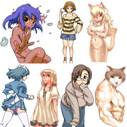 Rule 34 | 1boy, 6+girls, all fours, animal ears, back, bad id, bad pixiv id, bare shoulders, blonde hair, blue hair, body fur, bottomless, breast rest, breasts, brown eyes, brown hair, cat, cat ears, cat tail, character sheet, colored sclera, crossed arms, dress, furry, glasses, green eyes, hair over one eye, hand on own hip, hand to own mouth, highres, hip focus, index finger raised, long hair, maid, maid headdress, medium breasts, miniskirt, multiple girls, muscular, nude, oekaki, open mouth, panties, pantyshot, purple hair, sandals, shirt, short hair, shorts, skirt, small breasts, standing, striped clothes, striped shirt, sweater, tail, thighhighs, topless, underwear, wewi (1 2), yellow sclera