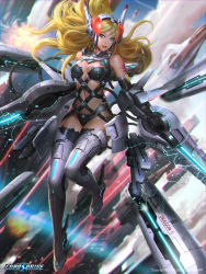Rule 34 | 1girl, arm cannon, bad id, bad tumblr id, blonde hair, blue eyes, boots, breasts, chaos drive, dual wielding, ear protection, electricity, energy, fin funnels, holding, kilart, leotard, long hair, magnetic weapon, mechanical wings, official art, railgun, ria (chaos drive), robot ears, science fiction, solo, thigh boots, thighhighs, weapon, wings