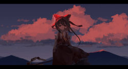 Rule 34 | 1girl, akaiha (akaihasugk), bad id, bad pixiv id, blood, blood on clothes, blood on face, blood splatter, bow, brown hair, cloud, dark, detached sleeves, empty eyes, evening, gohei, hair bow, hakurei reimu, letterboxed, mountain, mountainous horizon, outdoors, red clouds, short hair, skirt, skirt set, sky, solo, sunset, touhou, twilight, yellow neckwear