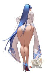 Rule 34 | 1girl, artist logo, artist name, ass, ass focus, bare legs, black hairband, blue eyes, blue footwear, blue hair, blue nails, commentary, from behind, full body, hairband, hand on own hip, high heels, highres, hu dako, leotard, long hair, long sleeves, looking at viewer, looking back, nail, original, shrug (clothing), simple background, solo, standing, straight hair, very long hair, watermark, web address, white background, white leotard, wide sleeves