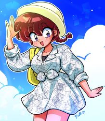 1girl alternate_costume arm_up blush braid breasts collarbone day large_breasts long_sleeves open_mouth outdoors purple_eyes ranma-chan ranma_1/2 red_hair single_braid smile solo wanta_(futoshi)