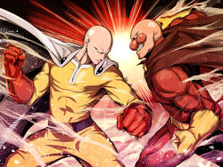 Rule 34 | 2boys, abs, action, anpanman, anpanman (character), asutora, bald, battle, belt, blank eyes, bodysuit, cape, clenched hands, clenched teeth, closed mouth, commentary request, crossover, dust, epic, fighting stance, gloves, glowing, glowing eyes, incoming attack, incoming punch, legs apart, light frown, male focus, manly, multiple boys, muscular, name connection, no pupils, one-punch man, profile, pun, punching, red nose, saitama (one-punch man), skin tight, standing, teeth