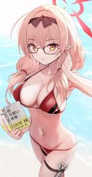 Rule 34 | 1girl, alternate costume, backlighting, beach, blue archive, book, breasts, chinatsu (blue archive), cleavage, collarbone, commentary request, glasses, hair between eyes, hair ribbon, halo, highres, light brown hair, long hair, looking at viewer, medium breasts, navel, ocean, pointy ears, ribbon, sky, solo, swimsuit, take (trude1945oneetyan), thigh strap, yellow eyes