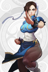 Rule 34 | 1girl, blue dress, boots, bracelet, breasts, brown eyes, brown hair, brown pantyhose, bun cover, capcom, china dress, chinese clothes, chun-li, closed mouth, cuffs, double bun, dress, earrings, fighting stance, frown, grey background, grey footwear, hair bun, highres, jewelry, large breasts, looking at viewer, muscular, muscular female, nikusenpai, pantyhose, pelvic curtain, puffy short sleeves, puffy sleeves, sash, short hair, short sleeves, solo, spiked bracelet, spikes, standing, standing on one leg, street fighter