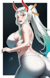 Rule 34 | 1girl, angry, ass, blush, bra, breasts, earrings, freckles, highres, ho haiiro, horns, huge ass, jewelry, large breasts, long hair, looking back, one piece, open mouth, orange eyes, ponytail, skin tight, solo, underwear, white hair, yamato (one piece)