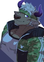 Rule 34 | 1boy, animal ears, brown fur, camouflage, camouflage headwear, camouflage jacket, cow ears, cow horns, facial hair, furry, furry male, goatee, green track suit, headband, highres, horns, jacket, large pectorals, male focus, minotaur, muscular, muscular male, official alternate costume, pectorals, purple background, purple eyes, purple horns, sakuhuu, shennong (housamo), shirt, short hair, simple background, solo, spiked hair, tokyo houkago summoners, two-tone background, upper body, white background, white hair, white shirt