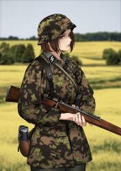 Rule 34 | 1girl, absurdres, ammunition pouch, bolt action, brown eyes, brown hair, bush, camouflage, camouflage headwear, camouflage jacket, canteen, chin strap, collar tabs, collared shirt, combat helmet, commentary, day, english commentary, field, german commentary, grey pants, grey shirt, gun, helmet, highres, holding, holding gun, holding weapon, jacket, keiita, long sleeves, looking to the side, mauser 98, military, combat helmet, military jacket, military uniform, mixed-language commentary, mole, mole under eye, nazi, open collar, open mouth, original, outdoors, pants, pocket, pouch, rifle, shirt, short hair, sigrunen, solo, ss insignia, ss uniform, stahlhelm, teeth, uniform, upper body, upper teeth only, waffen-ss, weapon, world war ii